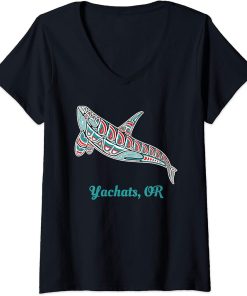 Womens Yachats, Oregon Upward Orca Killer Whale Native American V-Neck T-Shirt