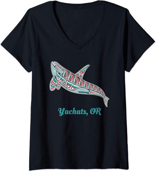 Womens Yachats, Oregon Upward Orca Killer Whale Native American V-Neck T-Shirt