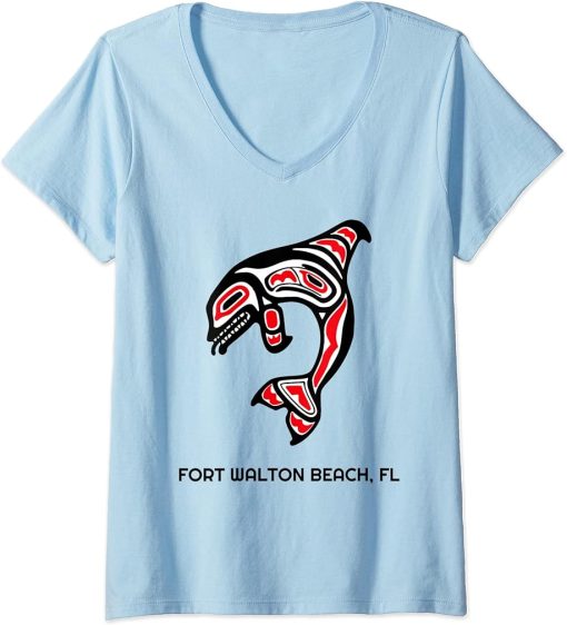 Womens Fort Walton Beach FL Native American Orca Killer Whales V-Neck T-Shirt