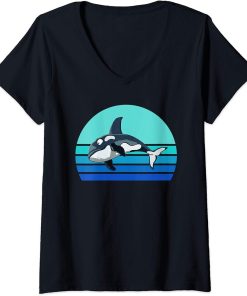 Womens Retro Orca Vintage Ocean Animal Whale V-Neck T-Shirt