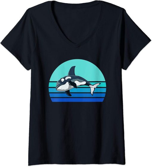 Womens Retro Orca Vintage Ocean Animal Whale V-Neck T-Shirt