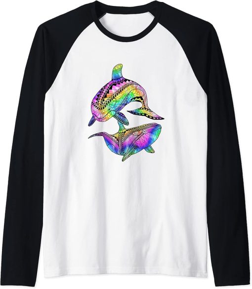 Tie Dye Tribal Orca Killer Whales Raglan Baseball Tee